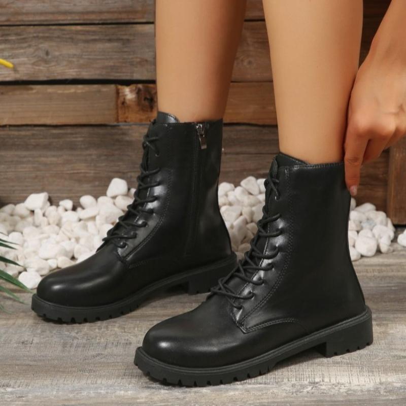 Fashion British Solid Zip Ankle Boots for Woman Autumn Winter Round Toe Lace-Up Short Boots Women Pu Leather Shoes Boties Lady