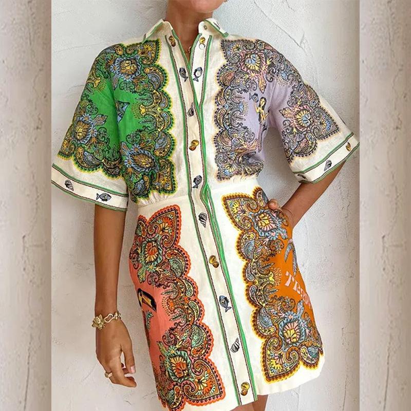 

2025 Spring Women s Single-Breasted Printed Mid-Length Sleeve Cardigan Dress L
