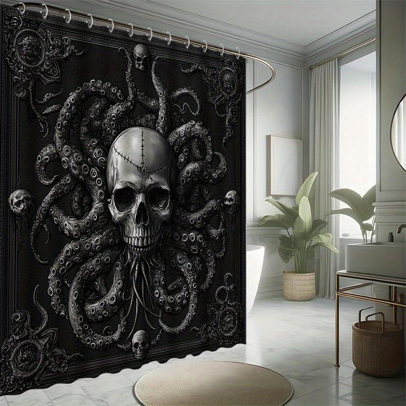 Deep Sea Skull Shower Curtain Set - Eerie Tentacle Background, Includes 12 Hooks, Waterproof Polyester, Modern Bathroom Decor