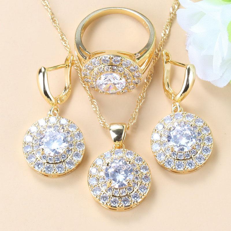Simple Round Bridal Four-Piece Suit White Zircon Crystal Gold Color Women Jewelry Sets Dangle Earrings/Bracelet/Ring 6-Colors