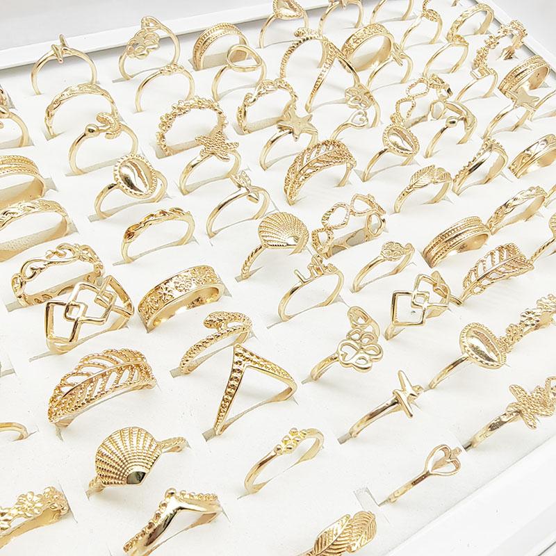 

30 шт./Лот Фабрика Ювелирных Изделий Новые Полые Лист Ракушка Звезда Цветок Золотой Цвет Молния Морская Звезда Кольца Для Пальцев Для Женщин Рок Бар Девушки mix size(16mm-19mm)