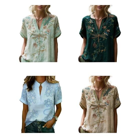 Damenhemd V-Ausschnitt Kurzarm Einfarbig Lockerer Schnitt Pullover Oberteile Stickerei Blumenmuster Sommer Oberteile Täglich