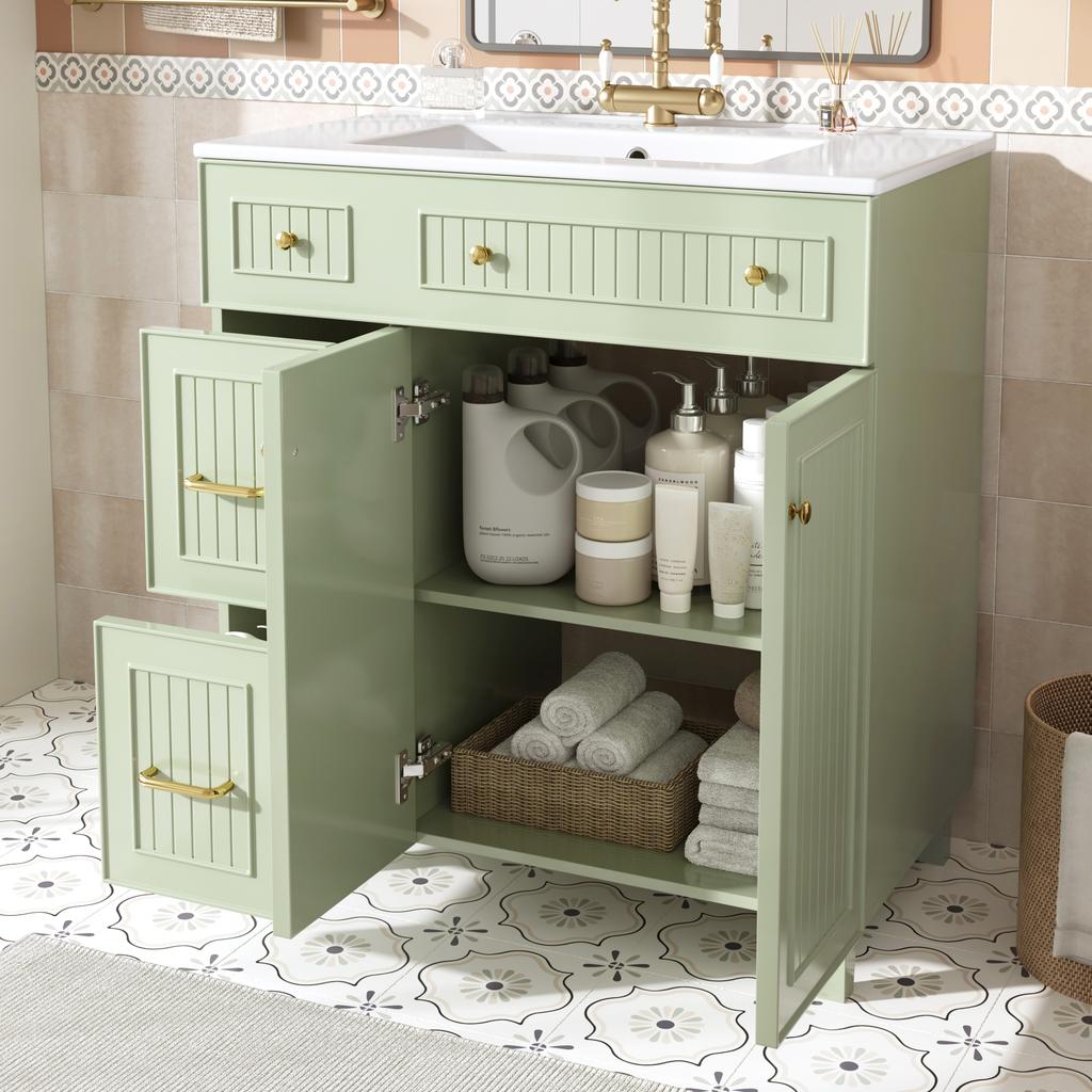 Mobile da Bagno con Lavabo 81,7 cm - Superficie Laccata, Spazio di Archiviazione Multifunzionale e Piedini in Legno Massello in Design Moderno di Lusso - Verde