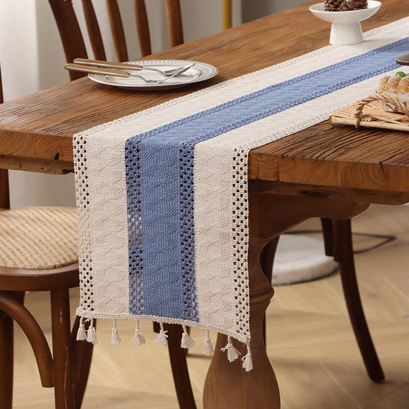 Caminho de mesa com borlas em algodão e linho estilo étnico - Decoração leve e luxuosa para festivais