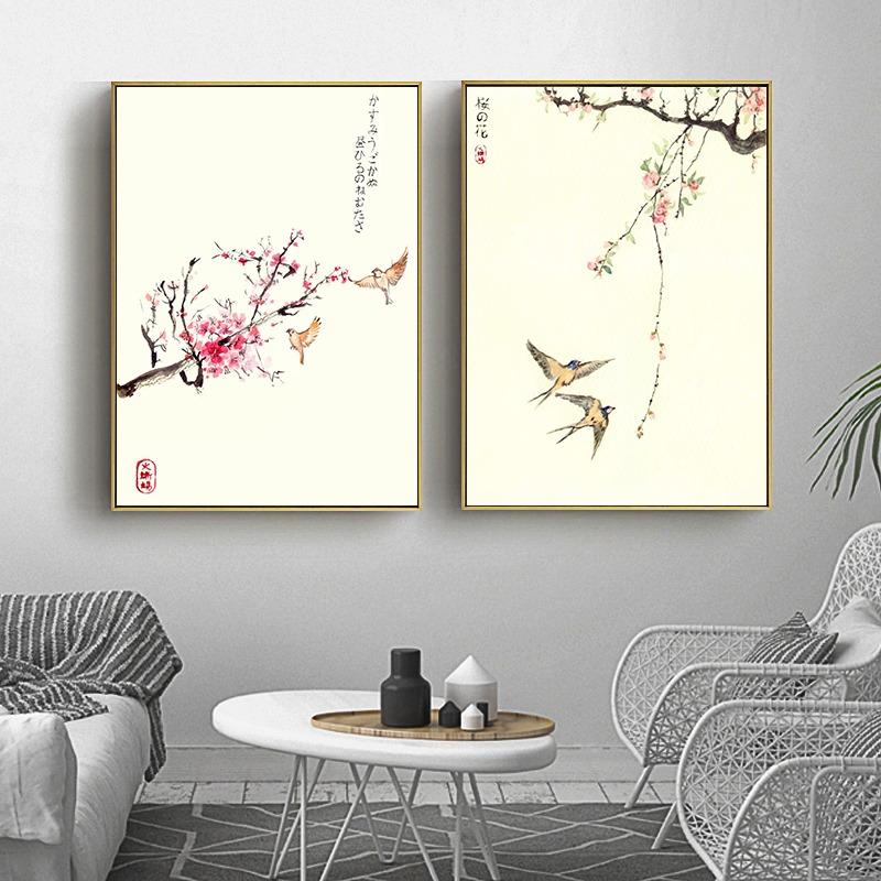 Japanese Watercolor Sakura Cherry Blossom Poster Flower and Bird Canvas Painting Wall Art for Living Room Home Decor Mural