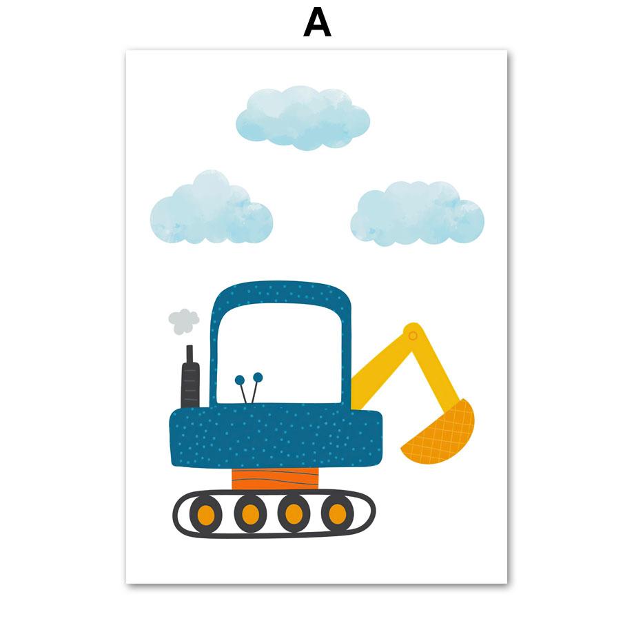 Modern Cartoon Crane Excavator Dump Truck Nursery Wall Art Canvas Painting Nordic Posters & Prints Pictures Baby Kids Room Decor