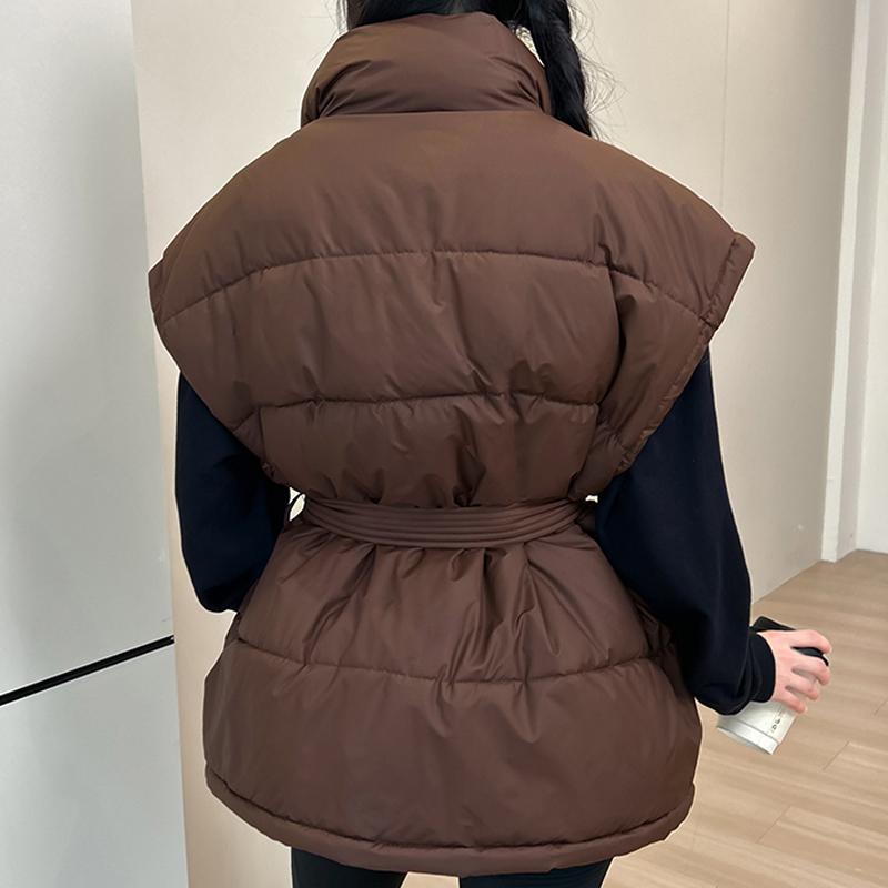 Fashion Winter Warm Vest Woman Outerwears With Belt Sleeveless Parka Casual Thick Women's Jackets