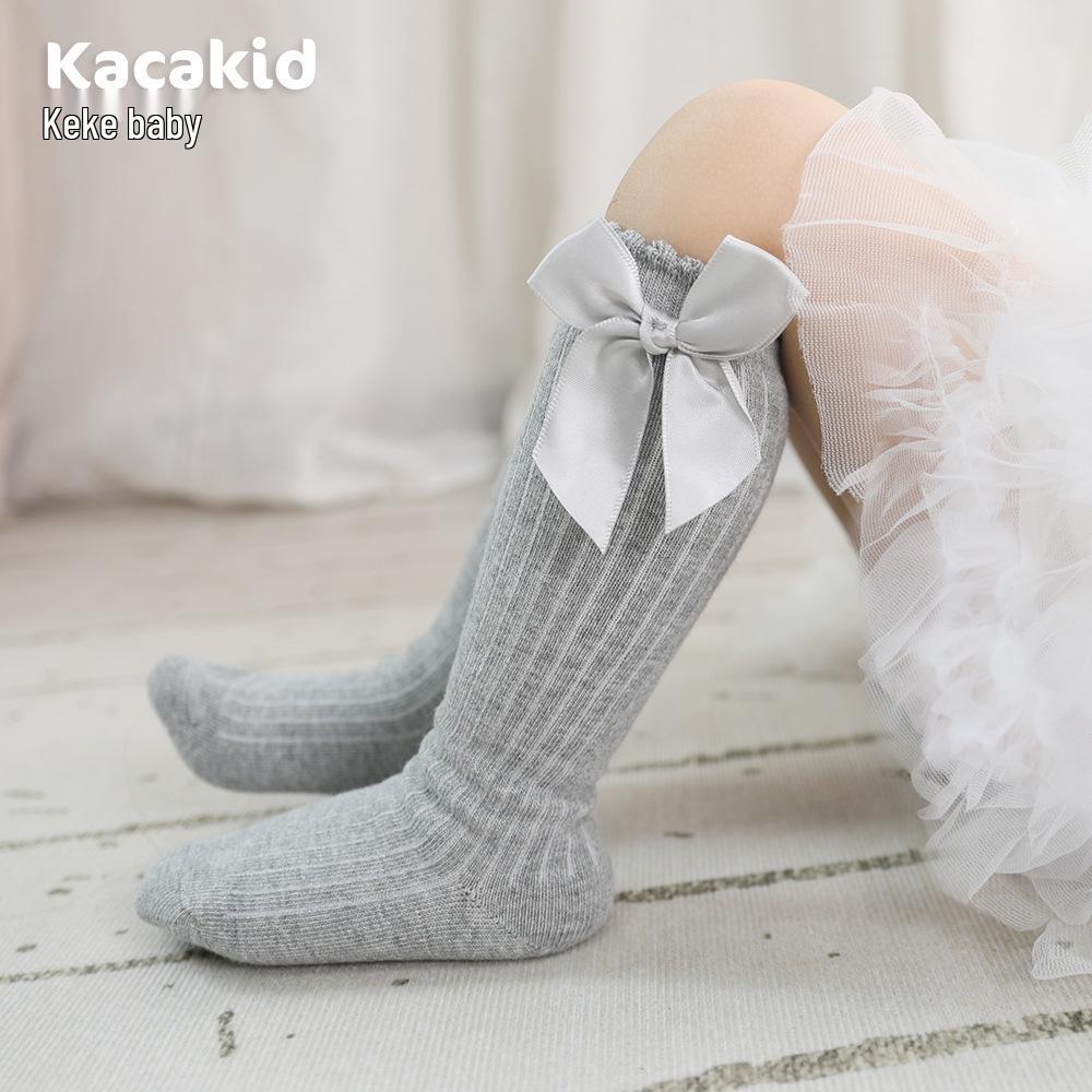 Girls' Bow Mid-Calf Cotton Socks - Cute Solid Colors for Spring & Autumn