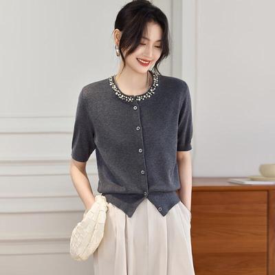 Srcr Women's Wool Blend Short-Sleeve Beaded Knit Cardigan