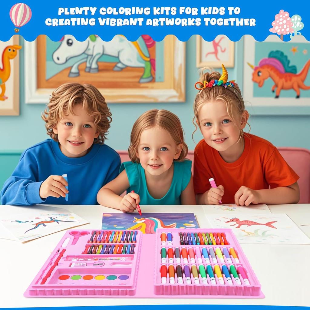 Coloring Book Set for Kids, Dinosaur Drawing & Coloring Set with Crayons, Colored Pencils, Markers, Sketchbook, Watercolor Cakes