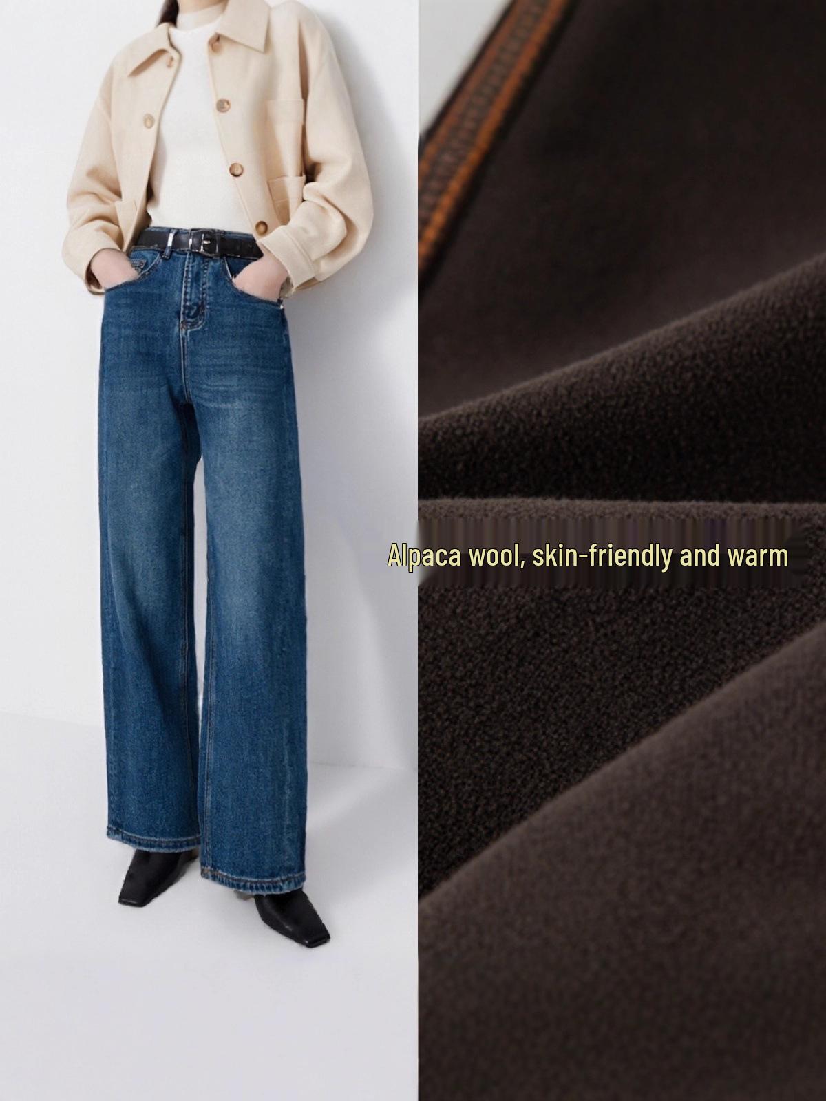 

Women s 2025 Winter Retro Blue Fleece-Lined Alpaca Wool High Waist Straight-Leg Elastic Jeans XL (121-130 lbs)