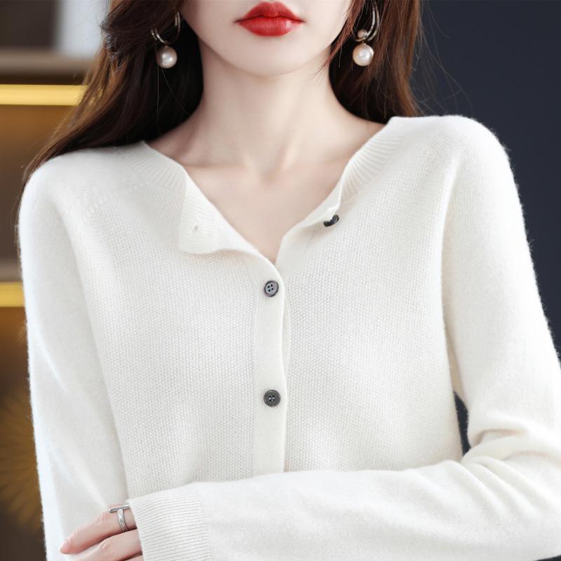 

Женский кардиган из шерсти первого уровня, готовый к носке, с круглым вырезом, новый простой облегающий свитер на весну и осень, вязаный свитер-жакет, топ S белый