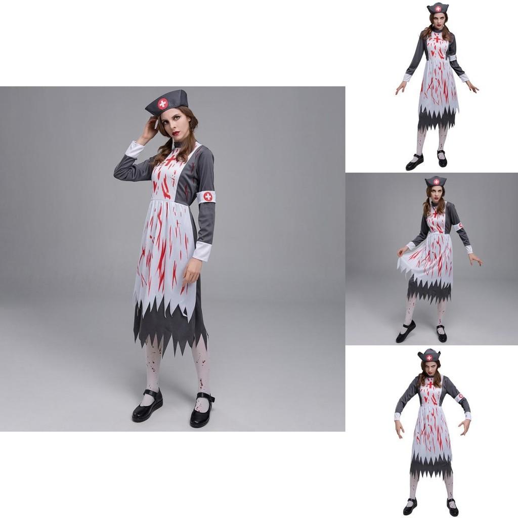 Spooky Adult Zombie Nurse Outfit With Gorgeous Dress And Hat For Halloween Parties