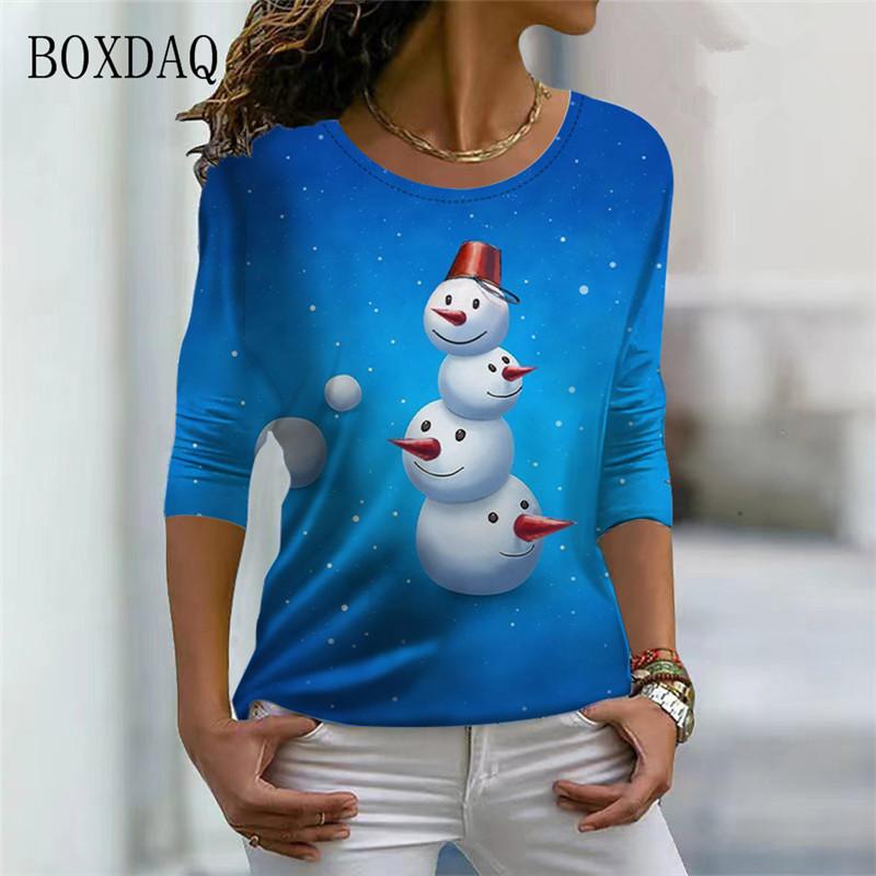 Santa Claus And Snowman Pattern Women Streetwear T-shirts Autumn Winter Long Sleeve 3d Print Christmas Style Ladies Casual Tops