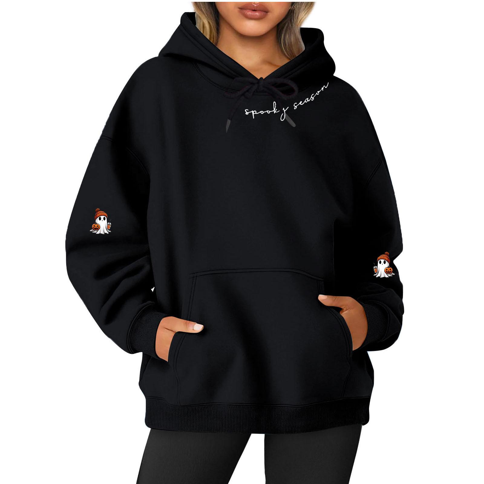 

Women s Long Sleeve Printed Top Solid Color Hoodie L чёрный