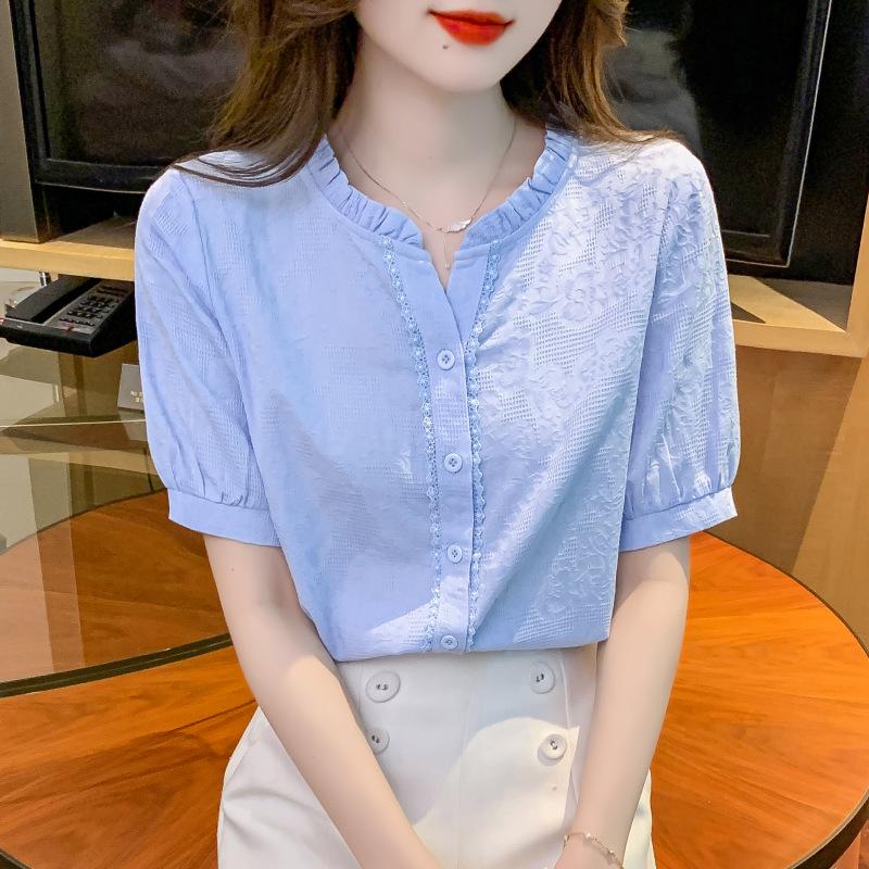 

Женская мода лето 2024: Топ с коротким рукавом из хлопкового жаккарда с вышивкой и воротником Питера Пэна 2XL синий