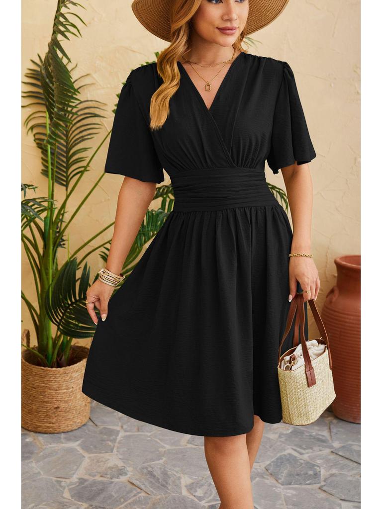 2024 Spring/Summer Women's V-Neck Waist-Cinching Flared Sleeve Dress