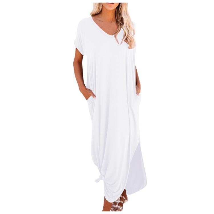 Casual Women's Loose Swing Long Dress V-neck Short-sleeve Solid Color Side Slit Summer Fashion