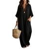 Women's Bohemian Cotton Linen Loose Fit Maxi Dress with V-Neck and Three-Quarter Sleeves for Vacation