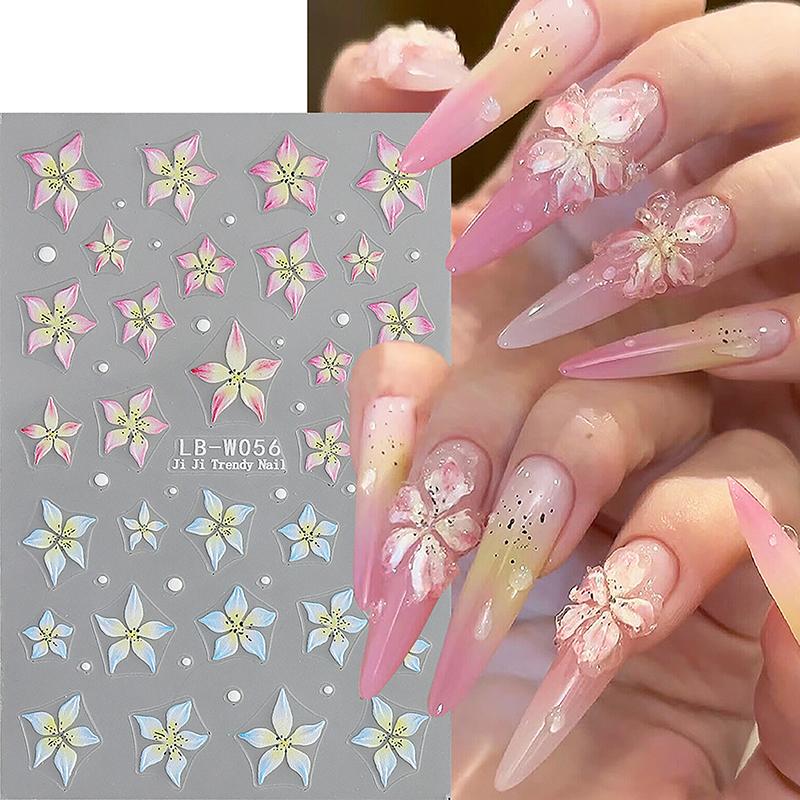 1Sheet Pink Lily Flower Nail Sticker Relief 3D Jelly Five Petal Flower Nail Art Decoration Decals Diy Selfadhesive Sliders