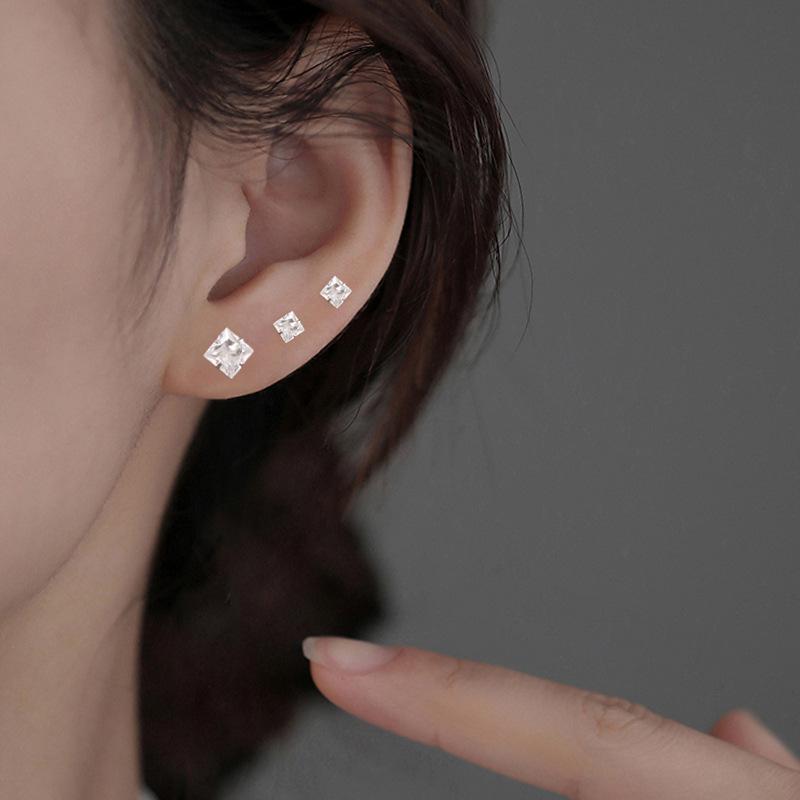 Korean Style Petite Square Zircon Stud Earrings for Pierced Ears - Simple Nude Diamond Cartilage Studs for Layering