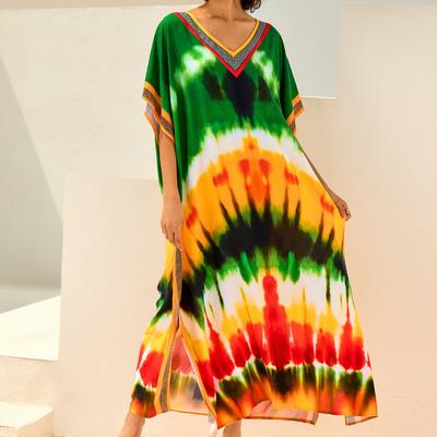 Moda Feminina Verão Primavera Estampa Bloco de Cores Mangas 1/2 Decote V Cintura Solta Vestidos Casuais