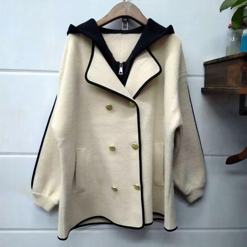 Dubbelsidig Huvförsedd Ullstickad Patchwork Smal Kofta