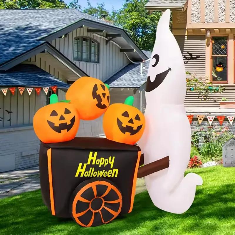 6FT Halloween Outdoor Inflatable Toys Ghost Push Pumpkin Cart with LED Lights Decoration Outdoor Holiday Party Inflatable Model