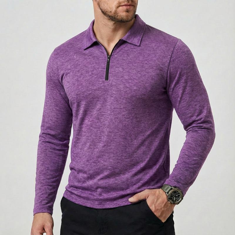 Men Turn Down Collar Half Zip Long Sleeve Polo Shirt Slim Fit Solid Casual Business Tops