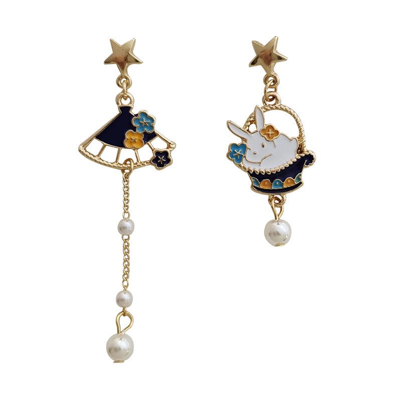 S925 Sterling Silver Asymmetric White Rabbit Stud Earrings with Tassel Chain