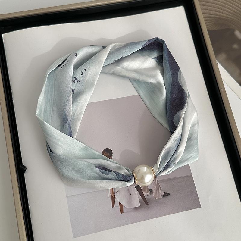 Silk scarf long strip high-end spring and summer new versatile pearl necklace neck chain scarf magnetic buckle silk scarf