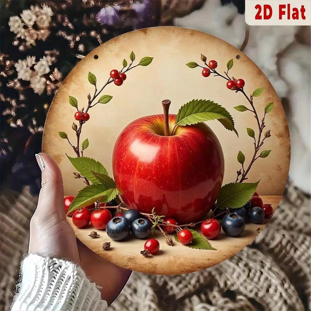 Round Metal Wall Art Apple and Berry Still Life Vintage Kitchen Poster