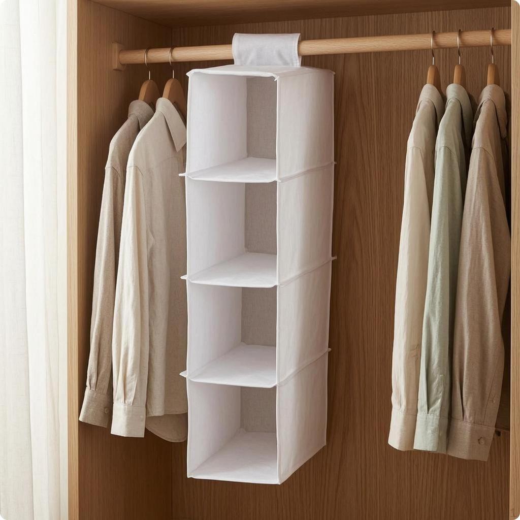 Foldable Hanging Storage Organizer Rectangular 4 Shelf White