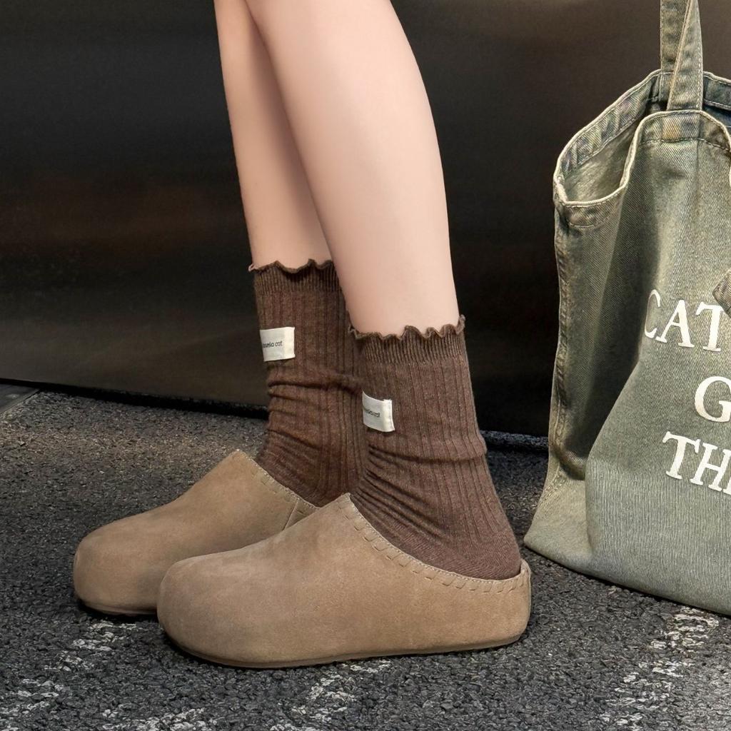 Cowhide Retro Bag Head Half Slippers Women's Outer Wear 2025 New Early Autumn One-pedal Platform Casual Boken Half-tray Shoes