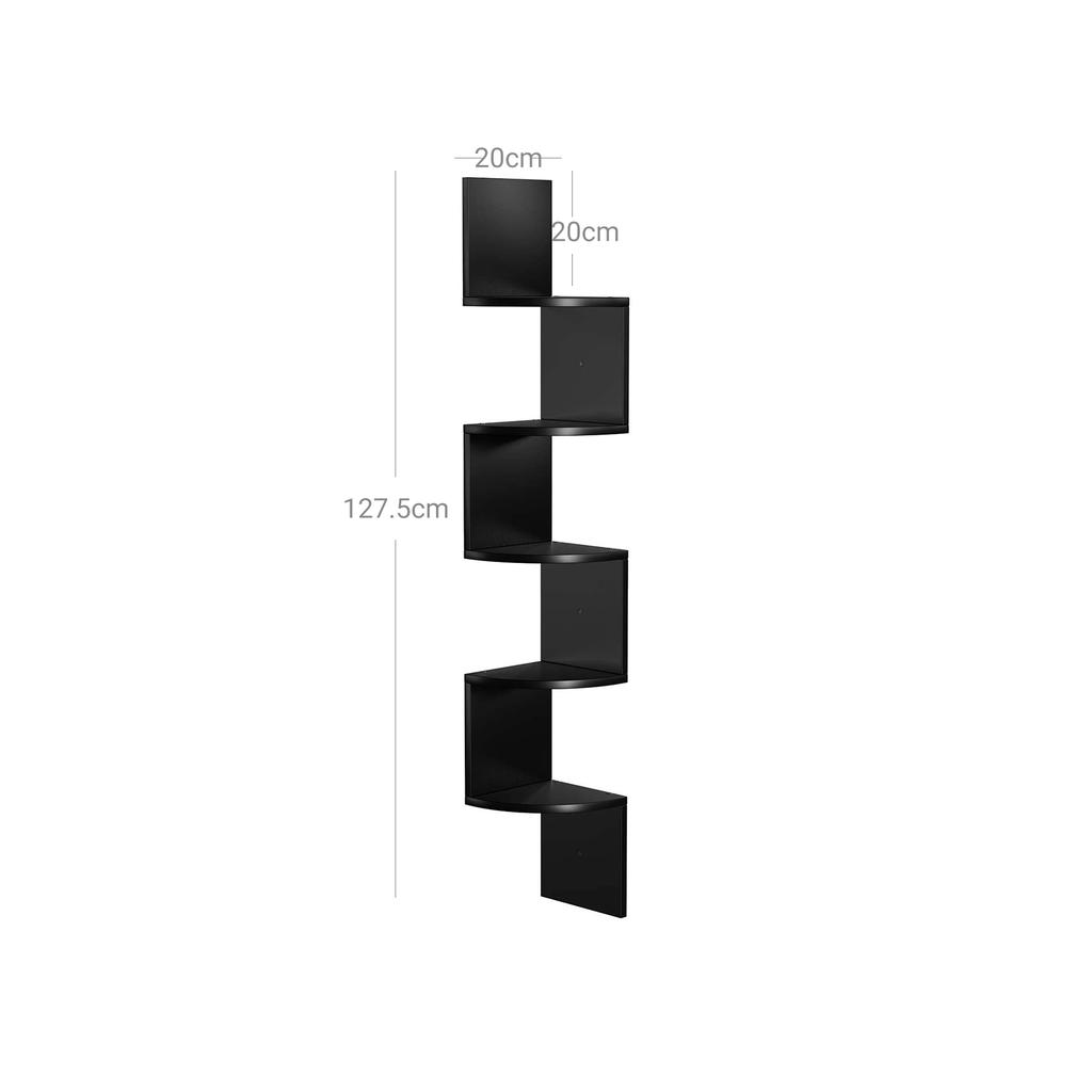 VASAGLE 5-Tier Wall-Mounted Corner Shelf, Wooden Display Shelf, for Kitchen, Bedroom, Living Room, Study, Black