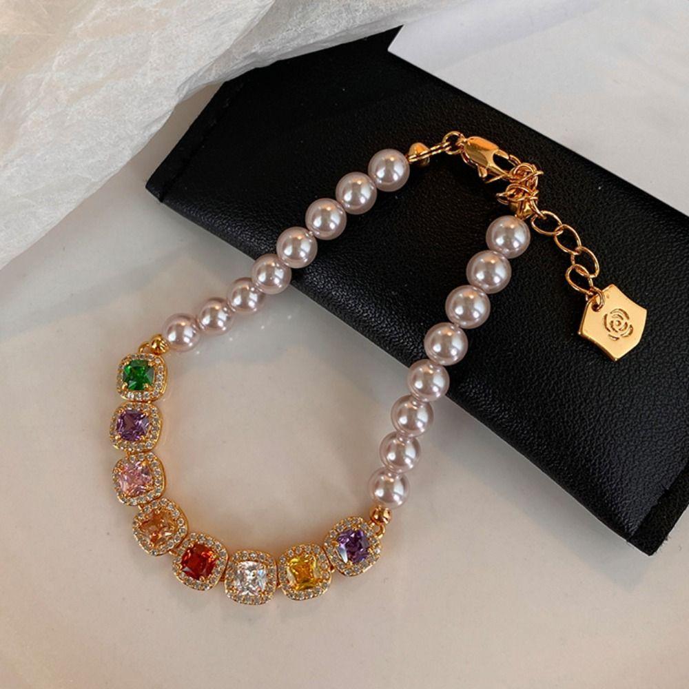Ornaments Rainbow Rhinestone Bracelet Luxury Colored Zircon Bracelet Pearl Crystal Bracelet  Gifts