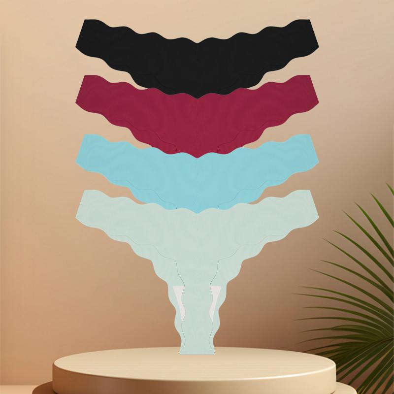 4 Stück Nahtlose Damen-Tangas Sexy Eisseide Wellengürtel Höschen Niedrige Taille Unsichtbarer G-String Dehnbarer T-Rücken Atmungsaktive Lingerie