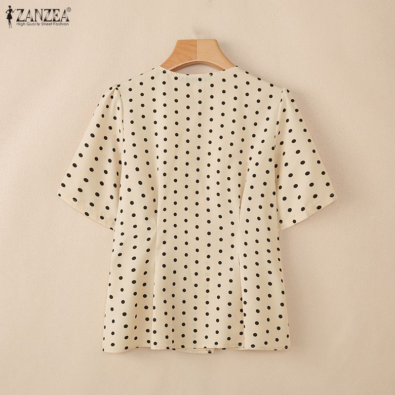 ZANZEA Women Casual V-Neck Short Sleeve Polka Dot Print Blouse