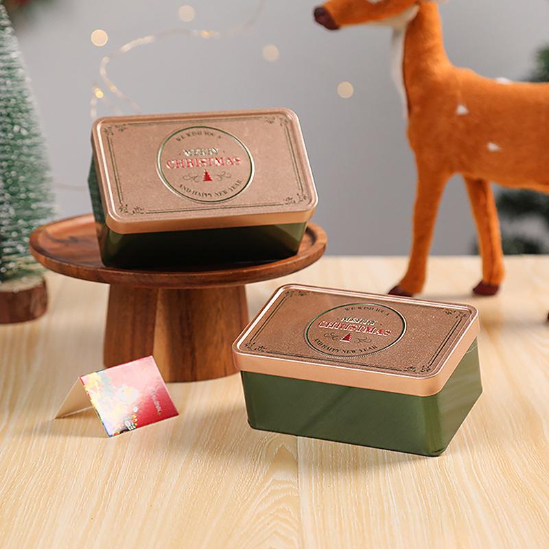 1Pc Christmas Square Tinplate Can Candy Box Gift Storage Box Biscuit Can Metal Can Home Storage Box Xmas Candy Cans Kids Gift