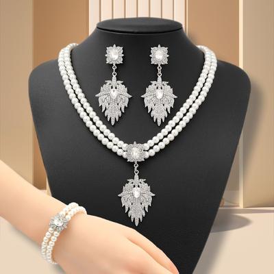 European and American Flower Pearl Necklace Earrings Bracelet Set Bridal Wedding Banquet Women's Jewelry Light Luxury