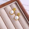 Cross Retro Pearl Temperament Earrings - 18K Gold Plated Stainless Steel with Diamond Inlaid Mother-of-Pearl Heart Bow Design