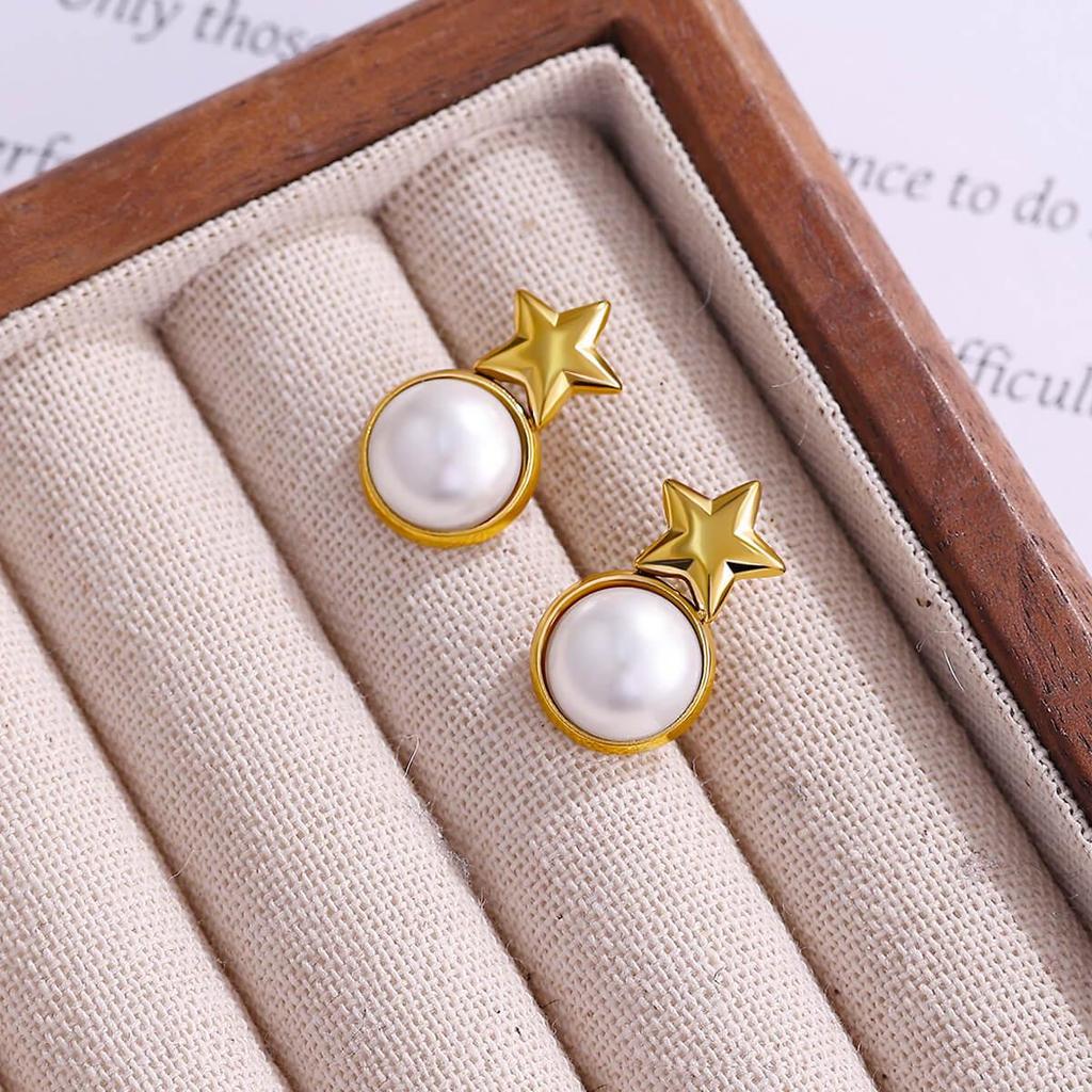 Cross Retro Pearl Temperament Earrings - 18K Gold Plated Stainless Steel with Diamond Inlaid Mother-of-Pearl Heart Bow Design