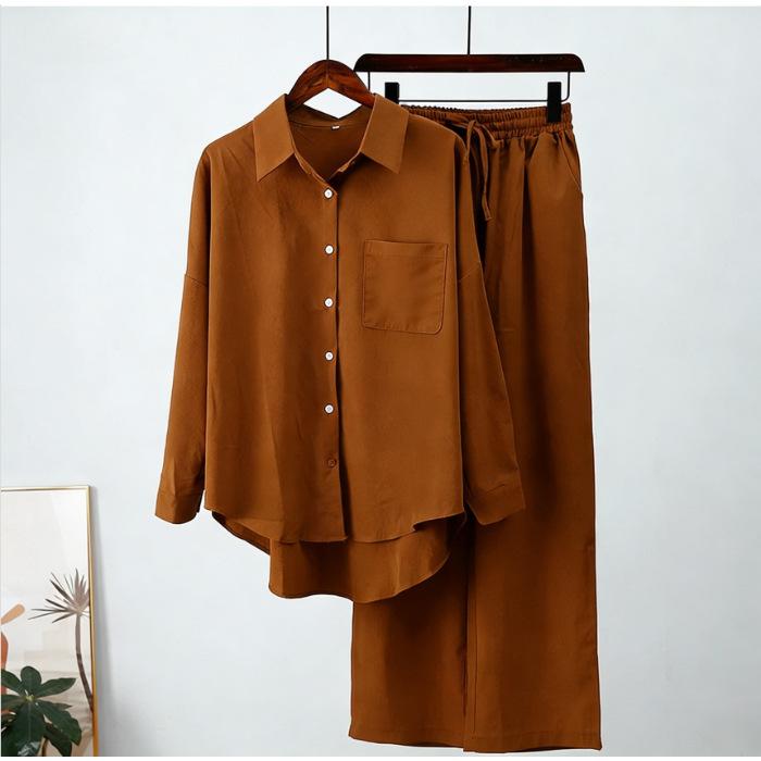 South East Asia Autumn and Winter Large Size Loose Elastic Wrinkle Long Sleeve Shirt Wide Leg Pants Fashion Casual Sports Suit