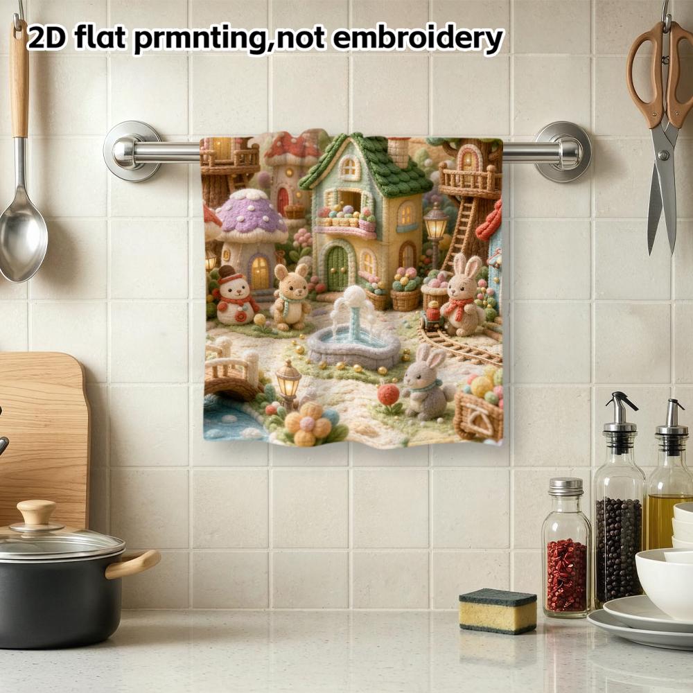 Fairy Knitted Village Absorbent Shower Towel, Whimsical Felt Town Print, Soft Quick Dry Bath Towel