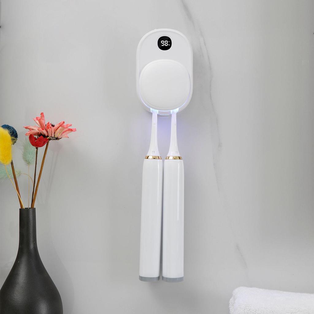 Portable Wall-Mounted UV Toothbrush Sterilizer and Dryer - Double Electric Brush Compatible, No-Punch Installation
