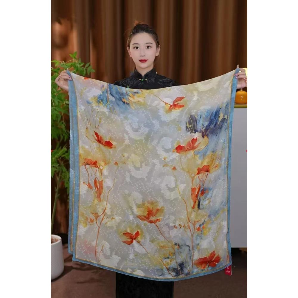 180 * 90 High-End Single-Sided Cut Dill Long Shawl Retro Chinese Style Ancient Charm Elegant Silk Scarf Dunhuang