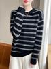 Women's Striped Pure Wool Round Neck Sweater, Autumn/Winter Collection, Seven-Gauge, Loose Fit, Thick Knitted Long Sleeve Pullover.