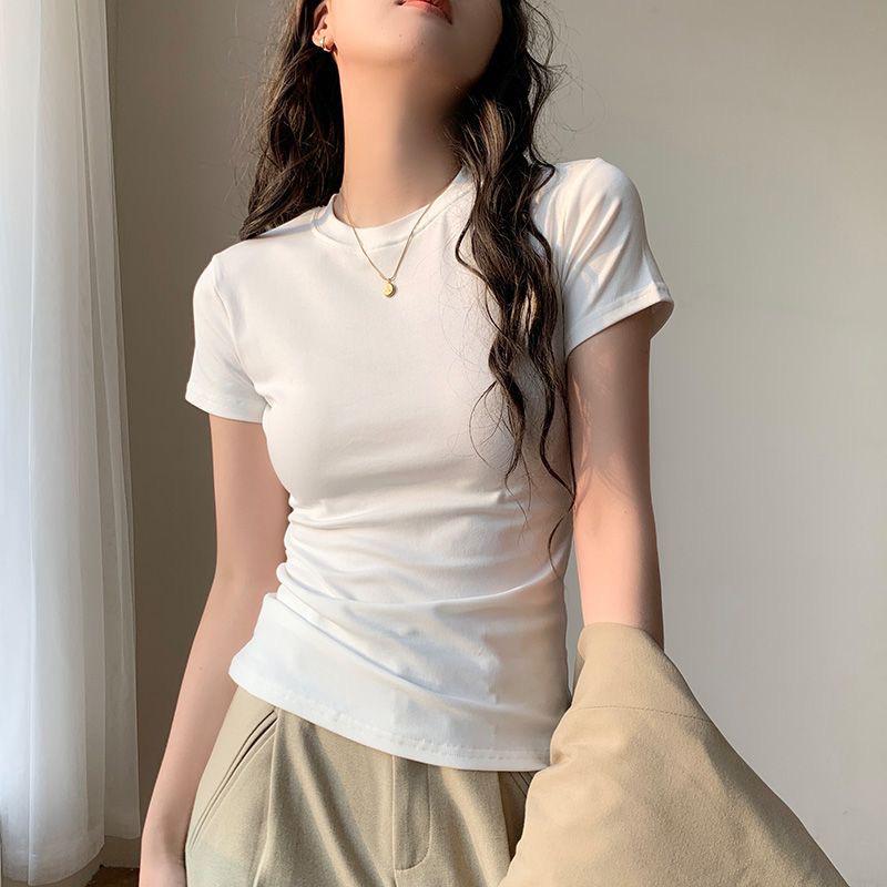 Korean Slim-Fit Red T-Shirt for Women - Figure-Flattering, Waist-Cinching, Straight-Shoulder, High-Stretch, Short-Sleeve