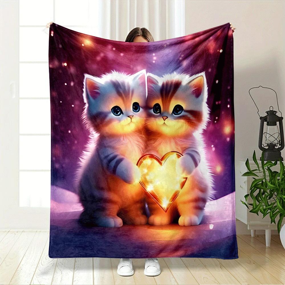 Two Glowing Kittens Holding a Sparkling Heart, Set In a Dreamy Ambiance. for All Seasons Blanket Lunch Break Throw Gift