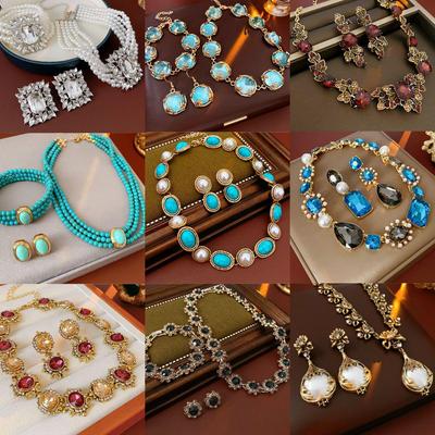 Pre-Owned Rhinestone Floral Geometric Jewelry Set: Clavicle Necklace & Earrings